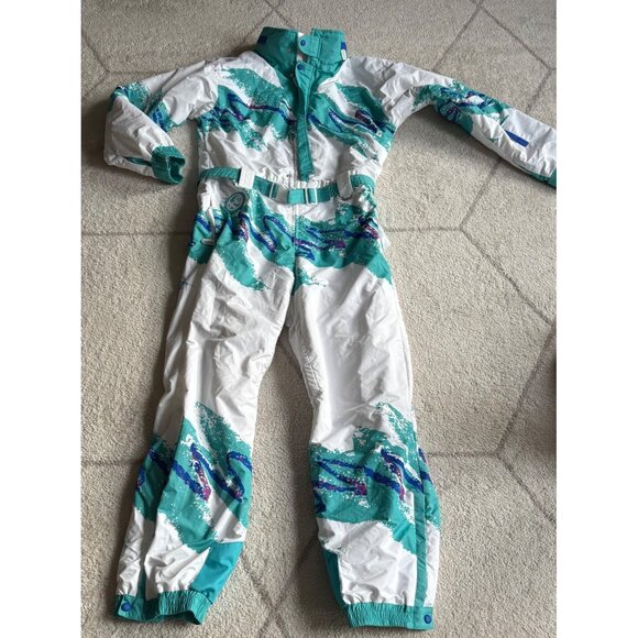 Tipsy Elves Other - Tipsy Elves Retro One-Piece Ski Suit Aqua, Purple & White Jazz Cup Print 80s